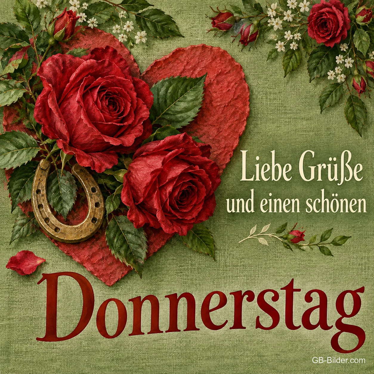 Rotes Herz mit Rosen und Hufeisen, Text: Liebe Grüße und einen schönen – Donnerstag