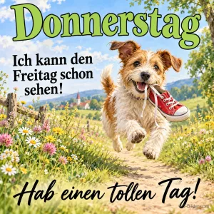 Hund rennt mit einem roten Turnschuh im Maul über einen Feldweg, Text: Donnerstag – Ich kann den Freitag schon sehen! Hab einen tollen Tag!