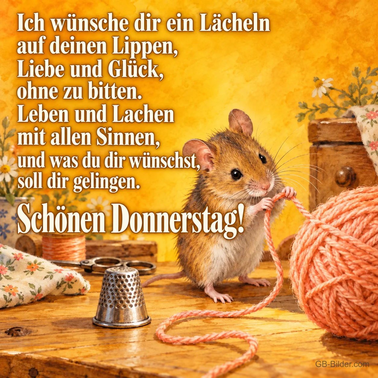 Maus mit Wollknäuel und Fingerhut auf einem Nähtisch, Text: Ich wünsche dir ein Lächeln auf deinen Lippen, Liebe und Glück, ohne zu bitten. Leben und Lachen mit allen Sinnen, und was du dir wünschst, soll dir gelingen. Schönen Donnerstag!