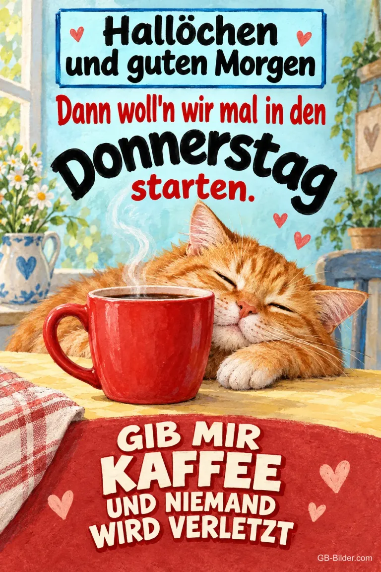 Katze mit Kaffeetasse, lustiger Spruch, Text: Hallöchen und guten Morgen