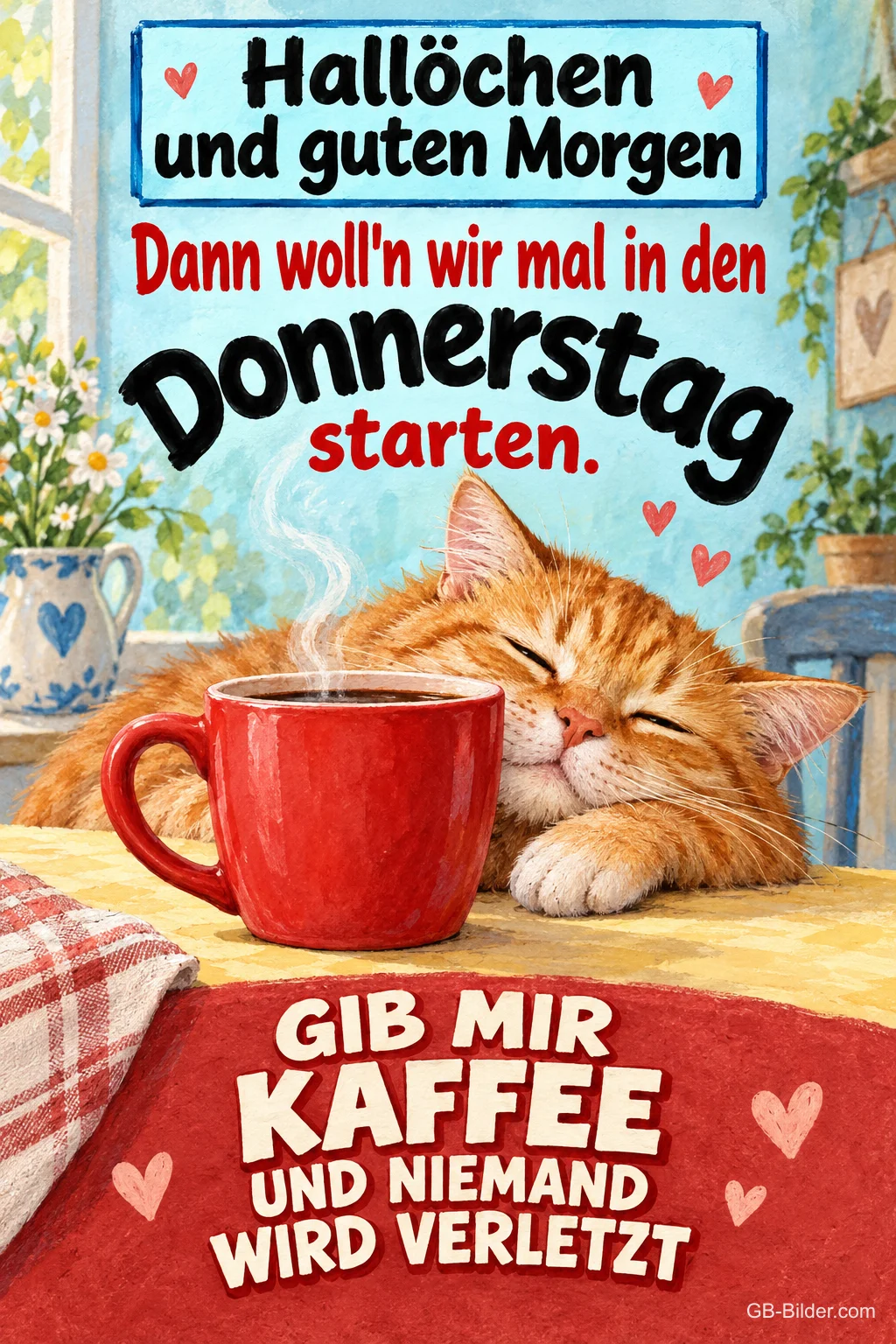 Katze mit Kaffeetasse, lustiger Spruch, Text: Hallöchen und guten Morgen Katze mit Kaffeetasse, lustiger Spruch, Text: Hallöchen und guten Morgen