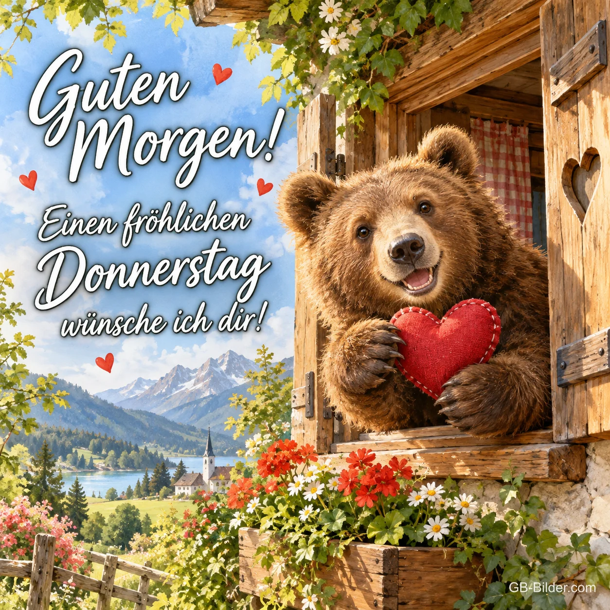 Bär mit rotem Herz schaut aus einem Fenster mit Bergblick, Text: Guten Morgen! – Einen fröhlichen Donnerstag wünsche ich dir!