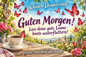 Rote Schmetterlinge um eine Kaffeetasse auf einer Terrasse, Text: Schönen Donnerstag! Guten Morgen! – Lass deine gute Laune heute weiterflattern! Vorsicht: ansteckend gute Laune!