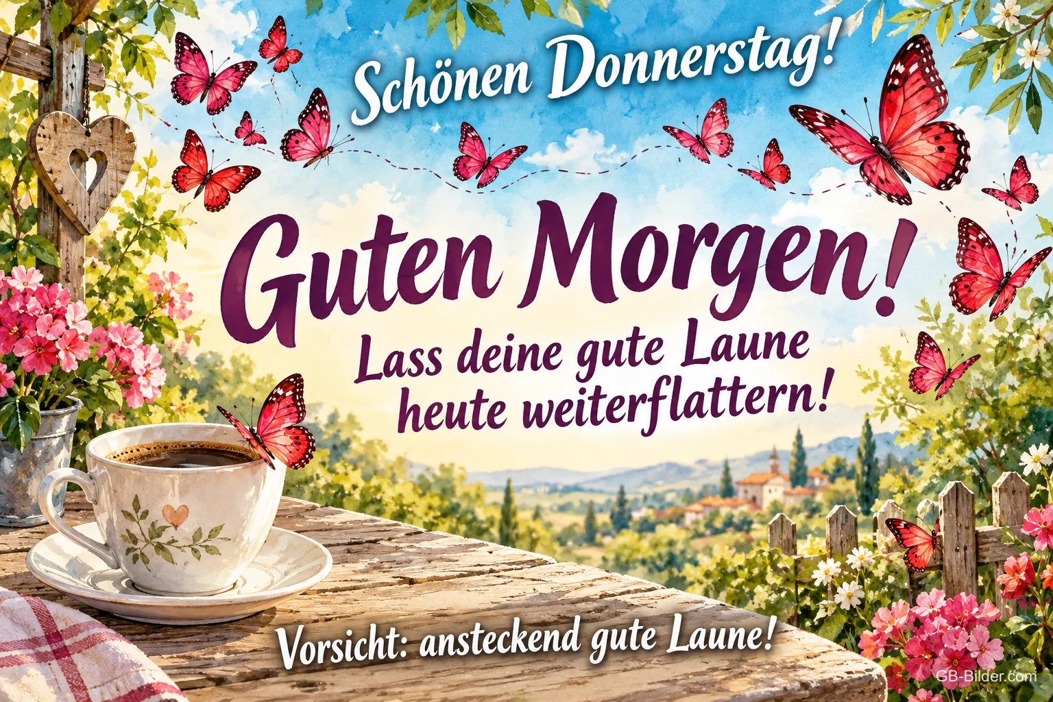 Rote Schmetterlinge um eine Kaffeetasse auf einer Terrasse, Text: Schönen Donnerstag! Guten Morgen! – Lass deine gute Laune heute weiterflattern! Vorsicht: ansteckend gute Laune!
