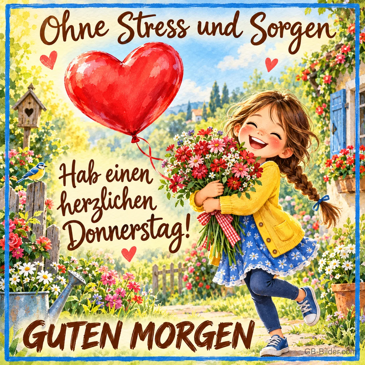 Lachendes Mädchen mit Blumenstrauß und rotem Herzballon, Text: Ohne Stress und Sorgen – Hab einen herzlichen Donnerstag! GUTEN MORGEN