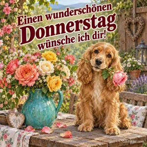 Spaniel mit Rose im Maul neben einer Blumenvase, Text: Einen wunderschönen Donnerstag wünsche ich dir!