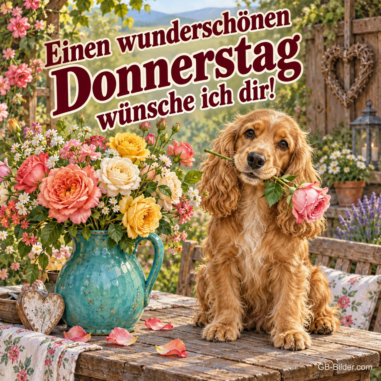 Spaniel mit Rose im Maul neben einer Blumenvase, Text: Einen wunderschönen Donnerstag wünsche ich dir!