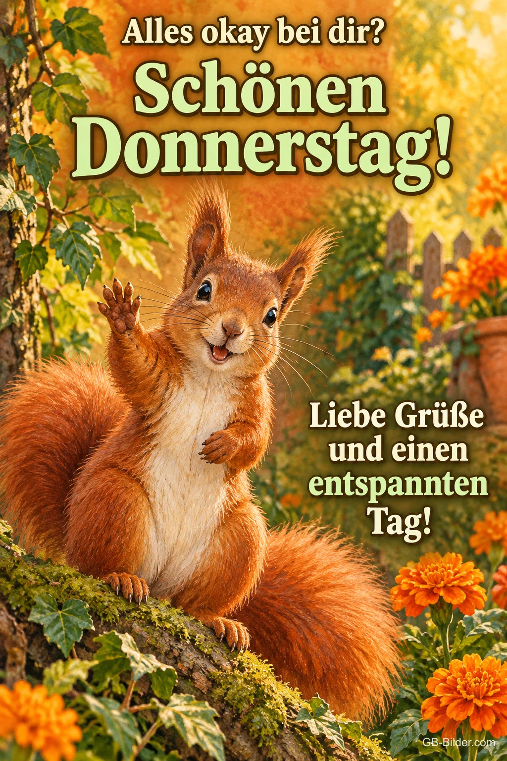 Eichhörnchen winkt auf einem Ast zwischen Ringelblumen, Text: Alles okay bei dir? Schönen Donnerstag! – Liebe Grüße und einen entspannten Tag!