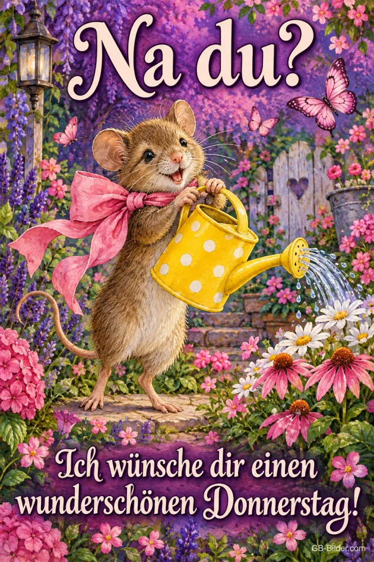 Maus mit rosa Schleife gießt Blumen im Garten, Text: Na du? Ich wünsche dir einen wunderschönen Donnerstag!