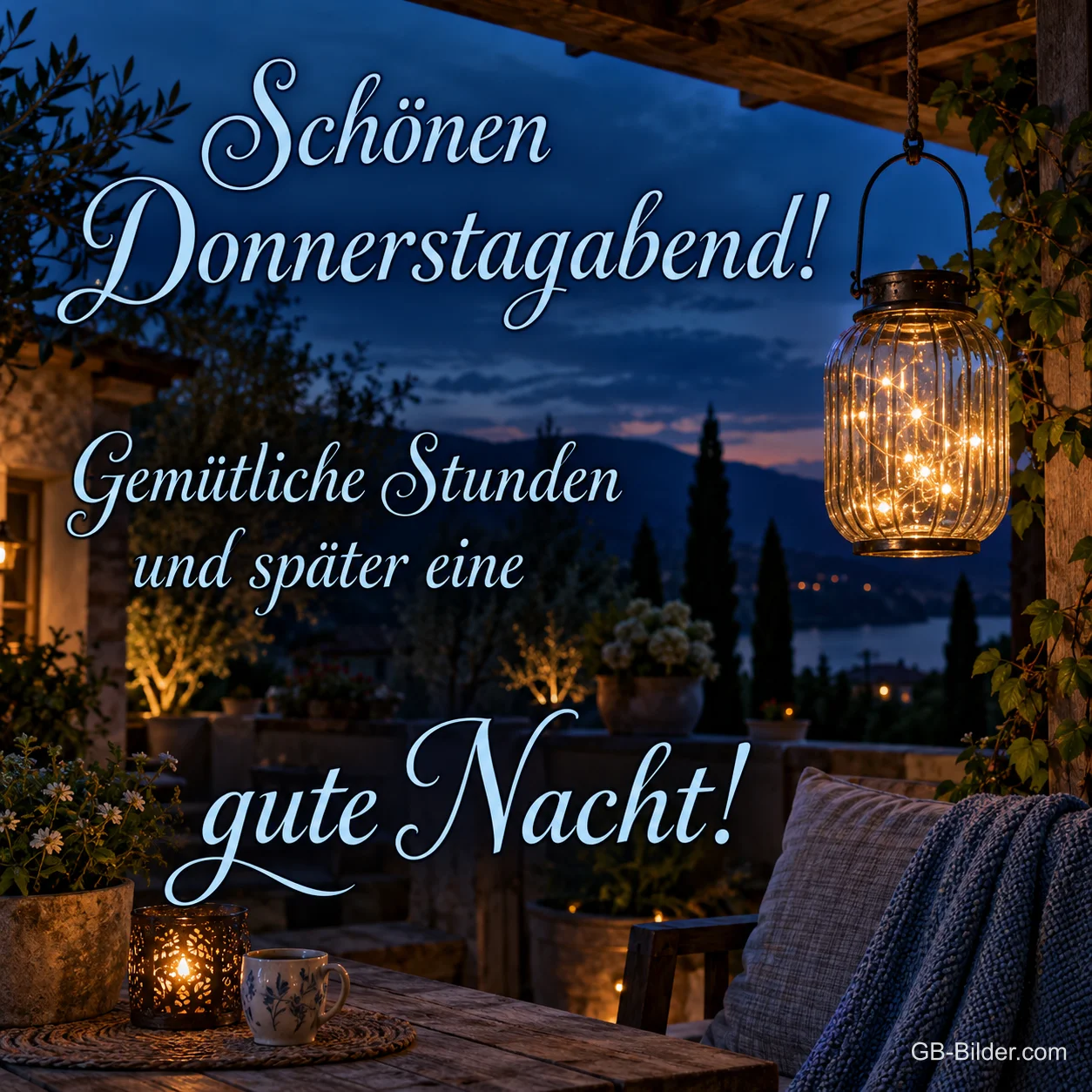 Lichterglas über einer abendlichen Terrasse, Text: Schönen Donnerstagabend! – Gemütliche Stunden und später eine gute Nacht!