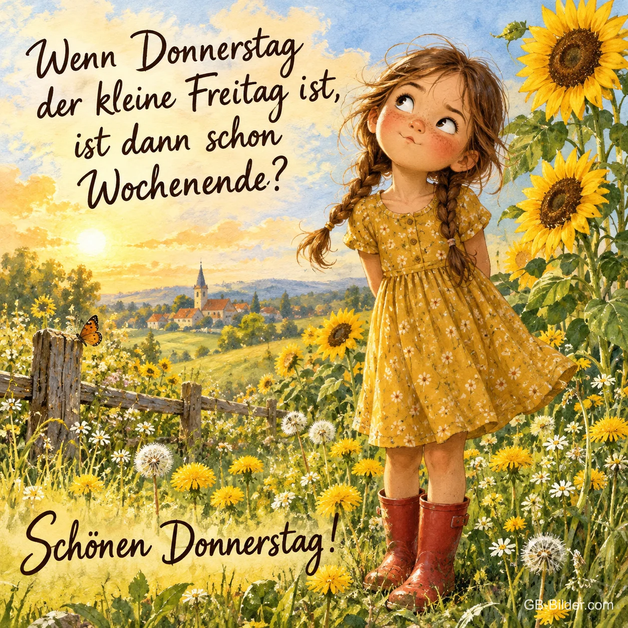 Mädchen im gelben Kleid grübelt im Sonnenblumenfeld, Text: Wenn Donnerstag der kleine Freitag ist, ist dann schon Wochenende? – Schönen Donnerstag!