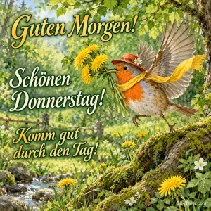 Rotkehlchen mit Hut und Schal fliegt mit einem Löwenzahnstrauß, Text: Guten Morgen! Schönen Donnerstag! – Komm gut durch den Tag!