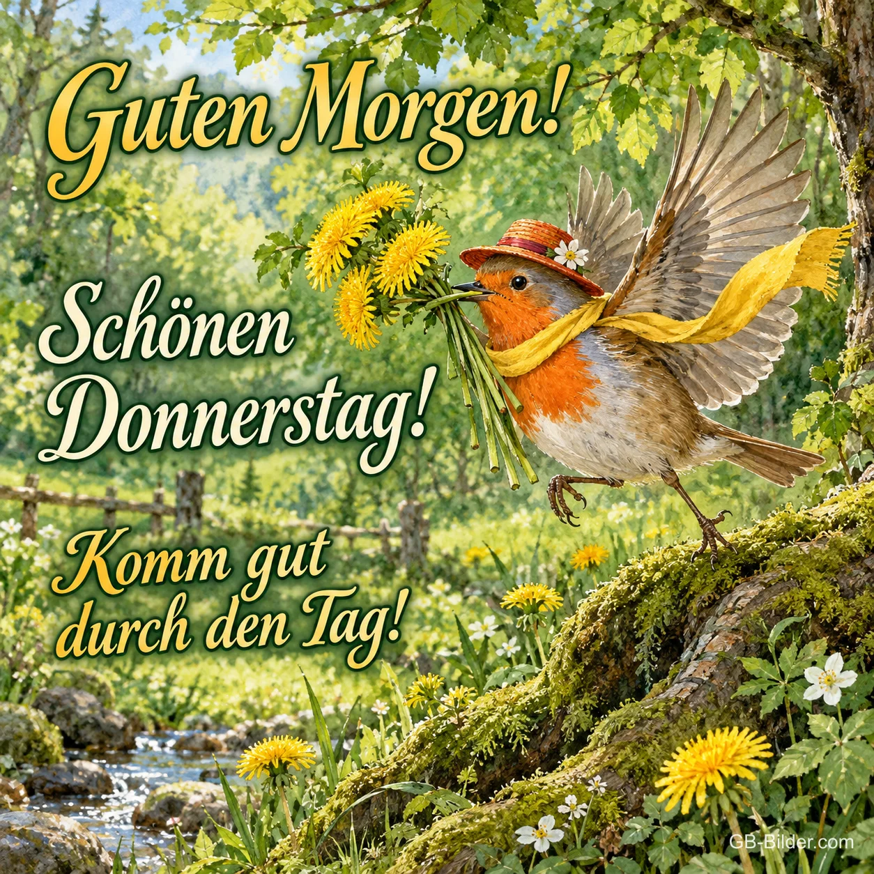 Rotkehlchen mit Hut und Schal fliegt mit einem Löwenzahnstrauß, Text: Guten Morgen! Schönen Donnerstag! – Komm gut durch den Tag!