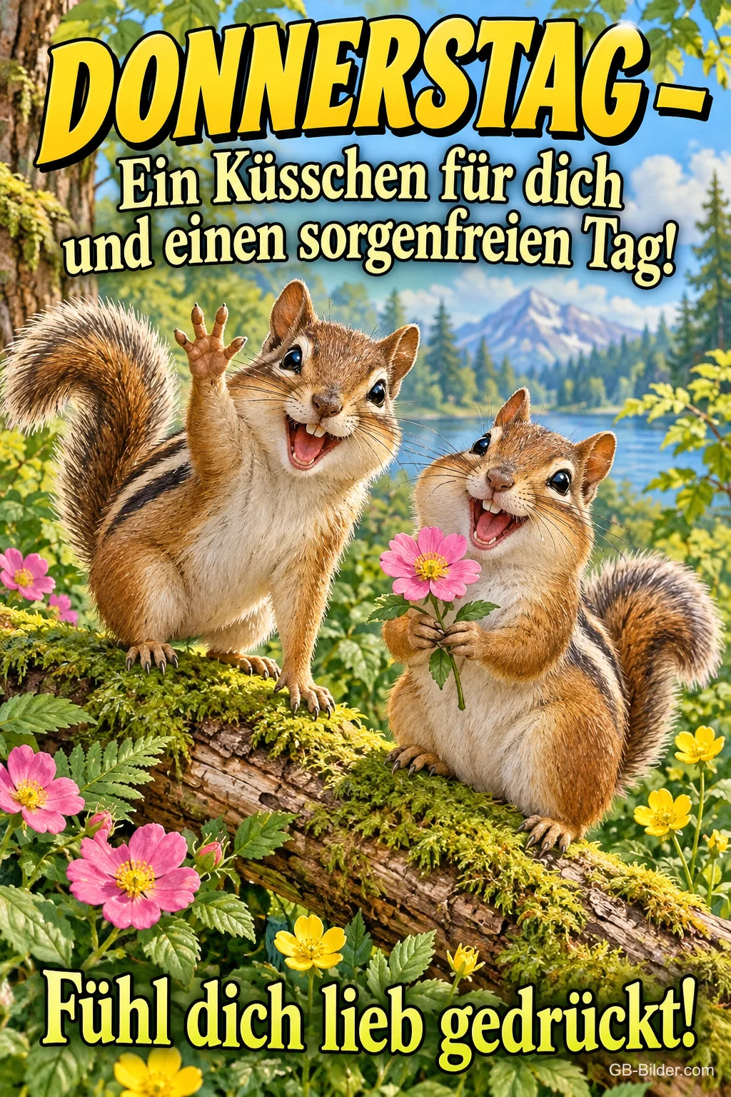 Zwei lachende Streifenhörnchen mit Blume auf einem Baumstamm am Bergsee, Text: DONNERSTAG – Ein Küsschen für dich und einen sorgenfreien Tag! Fühl dich lieb gedrückt!