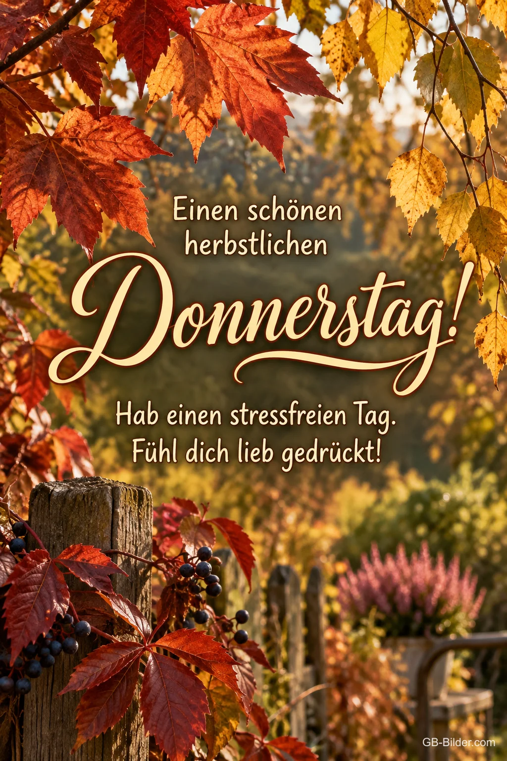 Rotes und gelbes Herbstlaub an einem Gartenzaun, Text: Einen schönen herbstlichen Donnerstag! – Hab einen stressfreien Tag. Fühl dich lieb gedrückt! Rotes und gelbes Herbstlaub an einem Gartenzaun, Text: Einen schönen herbstlichen Donnerstag! – Hab einen stressfreien Tag. Fühl dich lieb gedrückt!