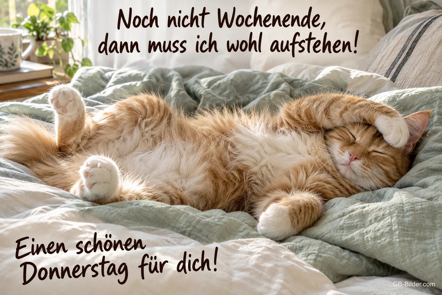 Rote Katze liegt verschlafen im Bett, Text: Noch nicht Wochenende, dann muss ich wohl aufstehen! – Einen schönen Donnerstag für dich! Rote Katze liegt verschlafen im Bett, Text: Noch nicht Wochenende, dann muss ich wohl aufstehen! – Einen schönen Donnerstag für dich!