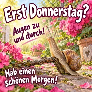 Schnecke kriecht über einen Ast im Blumengarten, Text: Erst Donnerstag? Augen zu und durch! – Hab einen schönen Morgen!