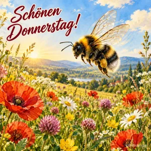Hummel fliegt über eine Wiese mit Mohn und Margeriten, Text: Schönen Donnerstag!
