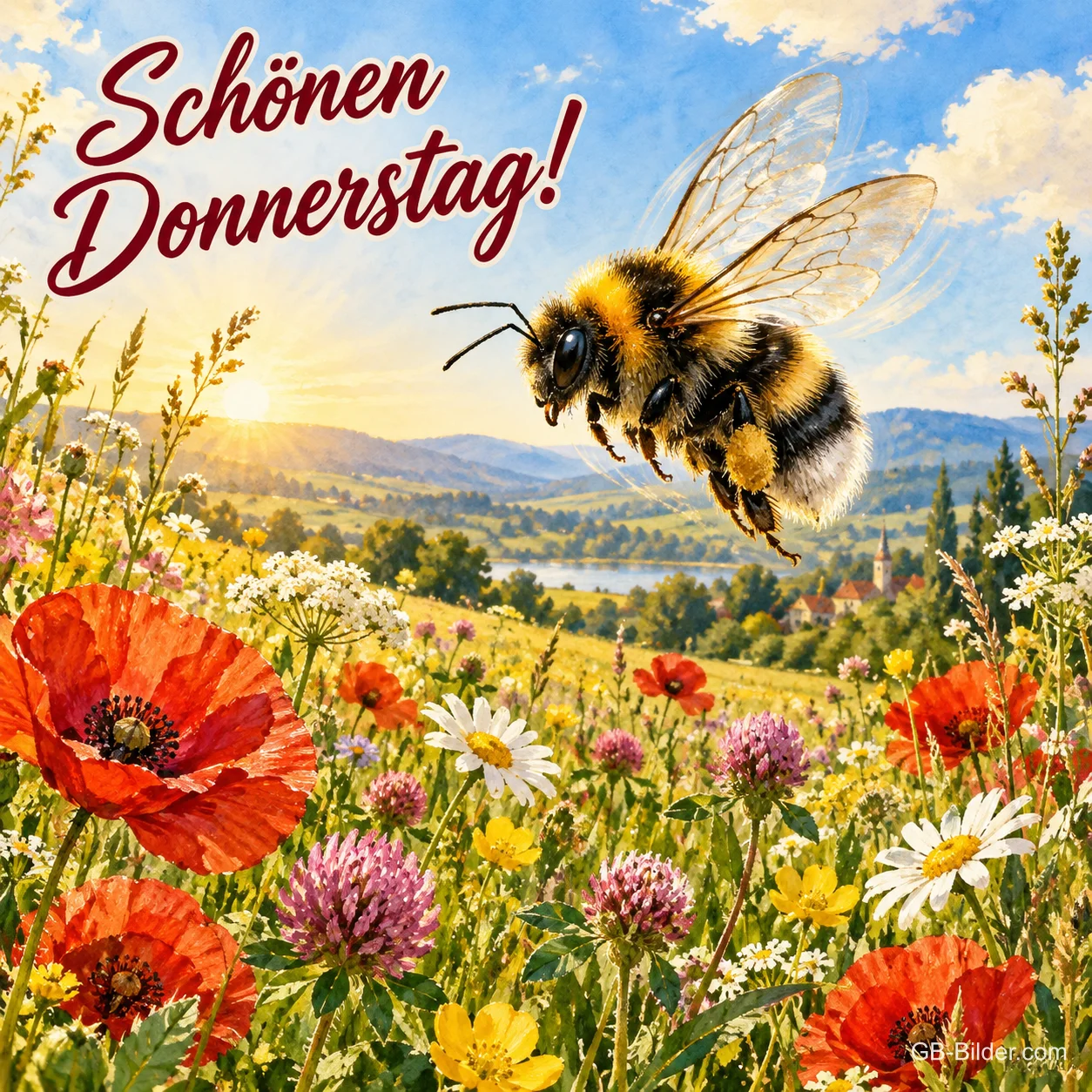 Hummel fliegt über eine Wiese mit Mohn und Margeriten, Text: Schönen Donnerstag! Hummel fliegt über eine Wiese mit Mohn und Margeriten, Text: Schönen Donnerstag!