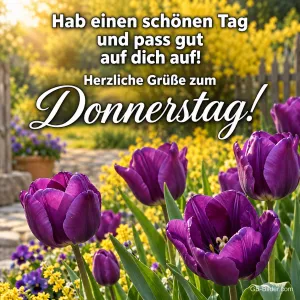Lila Tulpen in einem sonnigen Garten, Text: Hab einen schönen Tag und pass gut auf dich auf! – Herzliche Grüße zum Donnerstag!