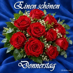 Rote Rosen auf blauem Samt, Text: Einen schönen Donnerstag