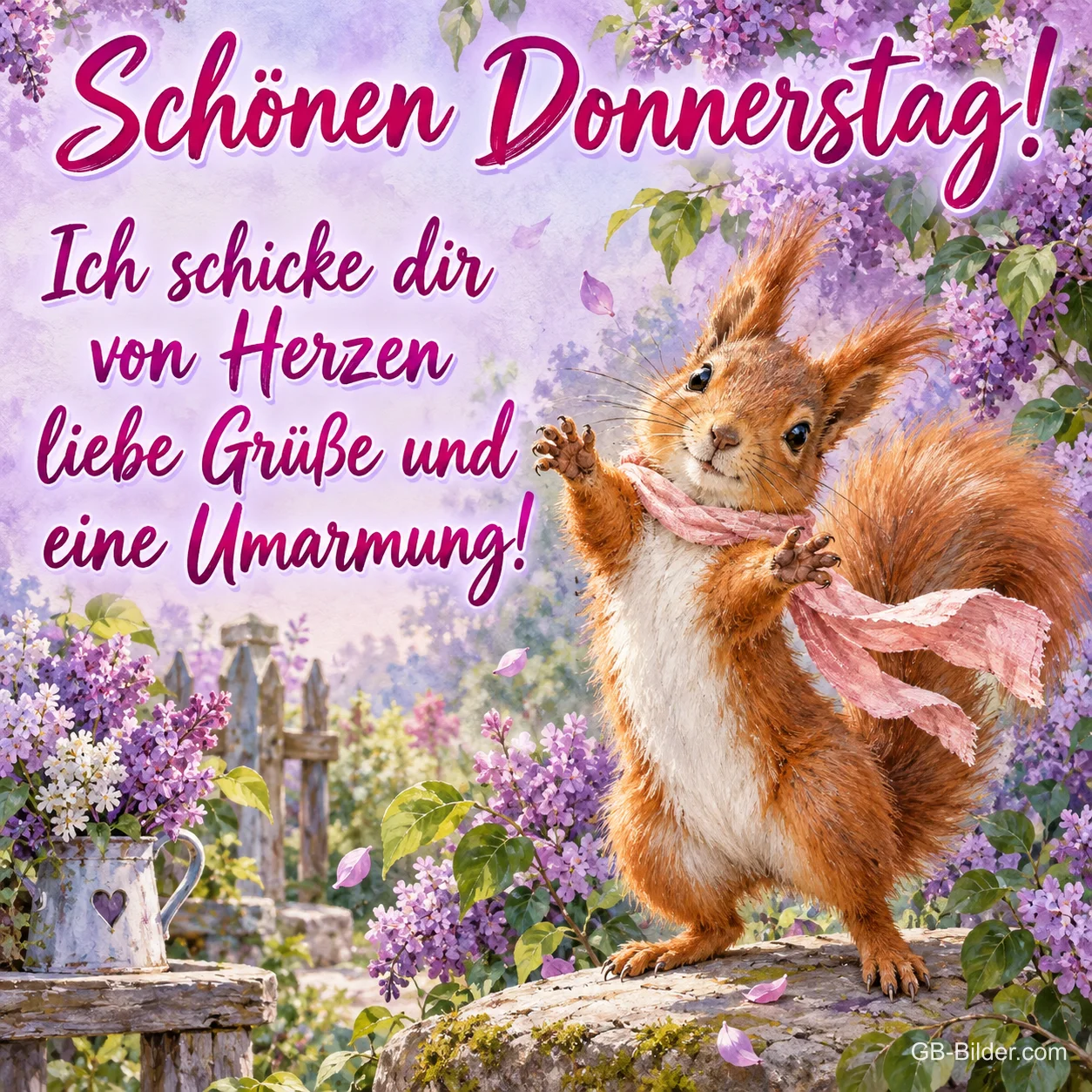 Eichhörnchen mit rosa Schal tanzt zwischen Flieder, Text: Schönen Donnerstag! – Ich schicke dir von Herzen liebe Grüße und eine Umarmung! Eichhörnchen mit rosa Schal tanzt zwischen Flieder, Text: Schönen Donnerstag! – Ich schicke dir von Herzen liebe Grüße und eine Umarmung!