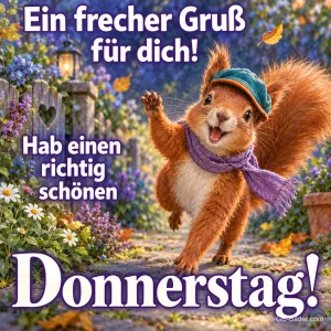 Eichhörnchen mit Mütze und Schal winkt auf einem Gartenweg, Text: Ein frecher Gruß für dich! – Hab einen richtig schönen Donnerstag!