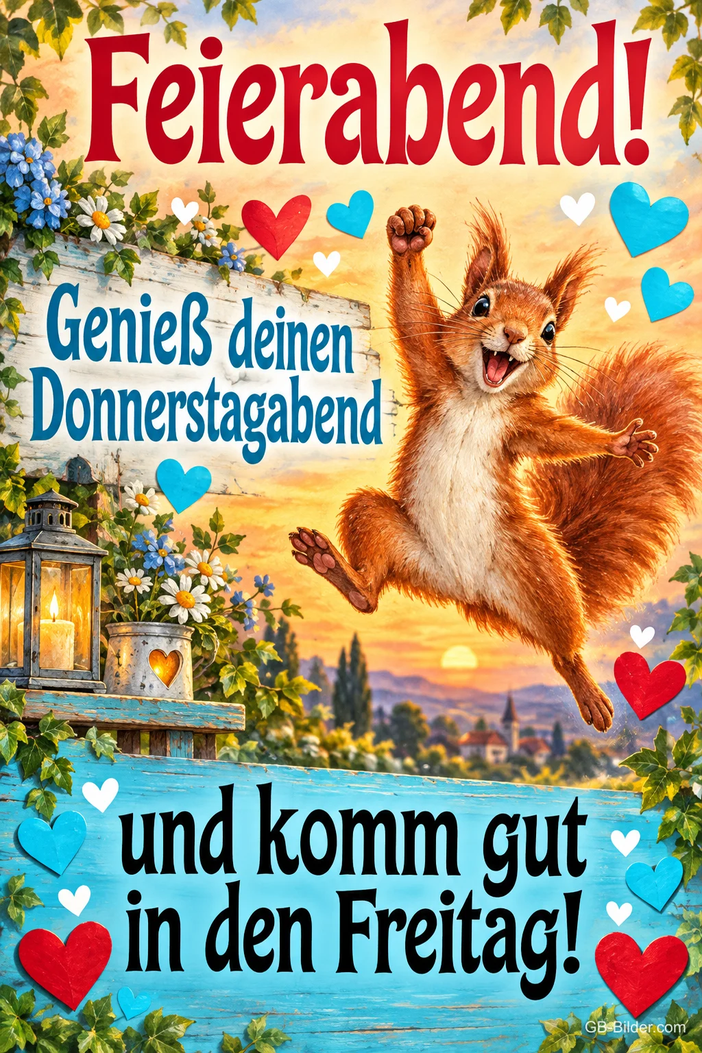 Eichhörnchen springt jubelnd über einen Steg am See bei Sonnenuntergang, Text: Feierabend! Genieß deinen Donnerstagabend und komm gut in den Freitag! Eichhörnchen springt jubelnd über einen Steg am See bei Sonnenuntergang, Text: Feierabend! Genieß deinen Donnerstagabend und komm gut in den Freitag!