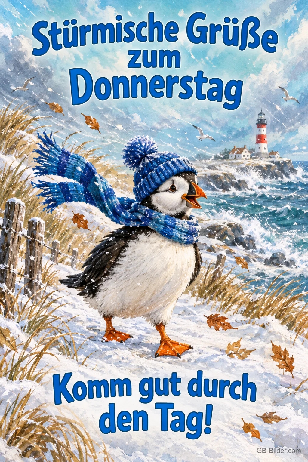 Papageitaucher mit Mütze und Schal stapft durch Schnee am Meer, Text: Stürmische Grüße zum Donnerstag – Komm gut durch den Tag! Papageitaucher mit Mütze und Schal stapft durch Schnee am Meer, Text: Stürmische Grüße zum Donnerstag – Komm gut durch den Tag!