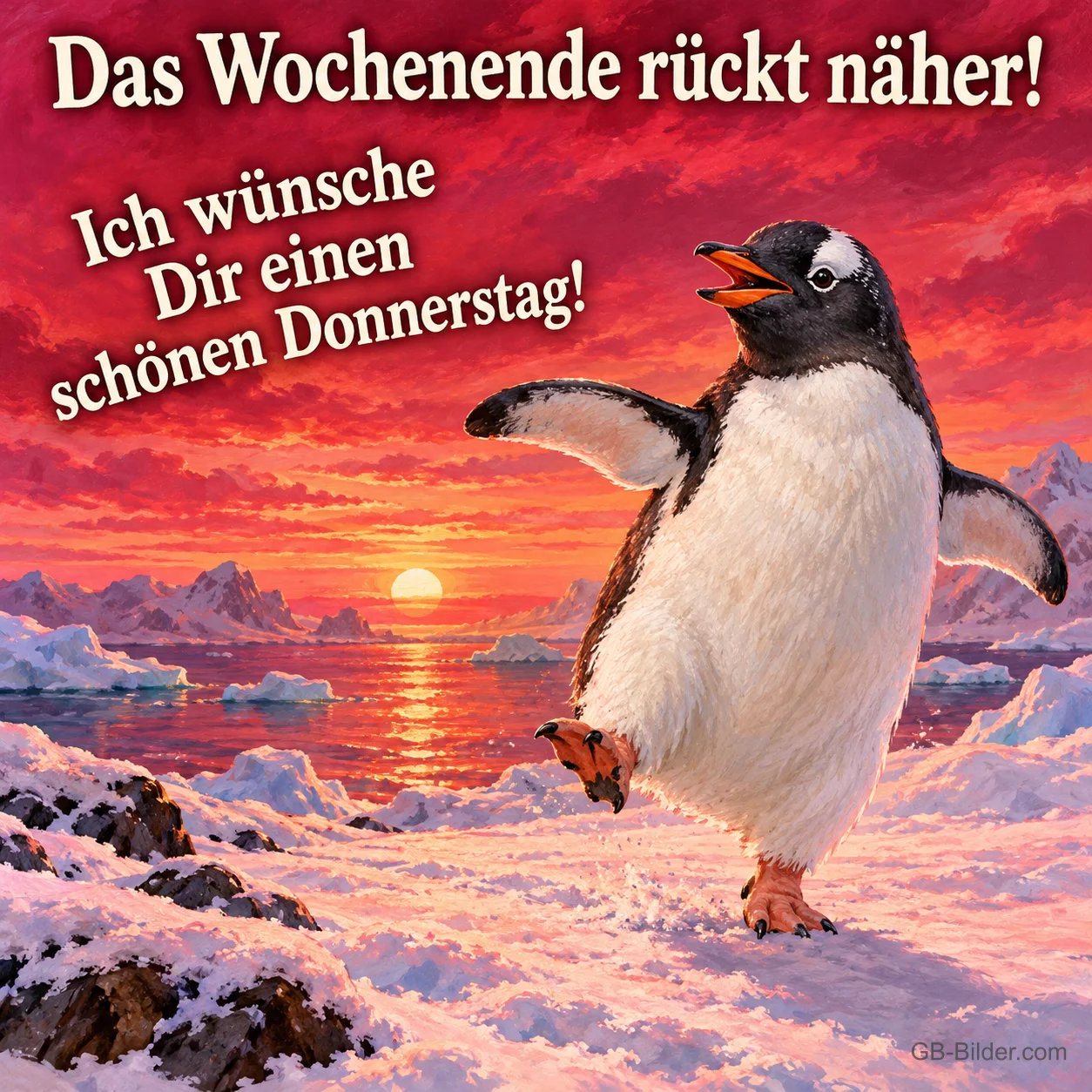 Pinguin tanzt im Schnee vor dem Sonnenuntergang, Text: Das Wochenende rückt näher! – Ich wünsche Dir einen schönen Donnerstag! Pinguin tanzt im Schnee vor dem Sonnenuntergang, Text: Das Wochenende rückt näher! – Ich wünsche Dir einen schönen Donnerstag!