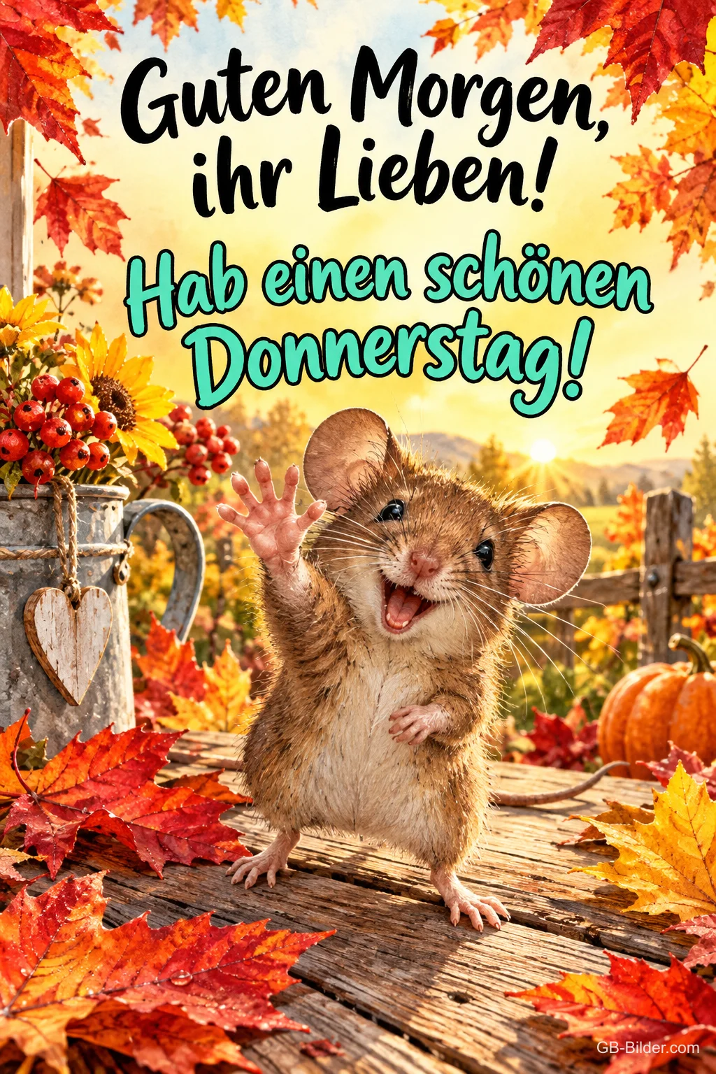 Lachende Maus winkt auf einem Holzsteg zwischen bunten Herbstblättern, Text: Guten Morgen, ihr Lieben! Hab einen schönen Donnerstag!
