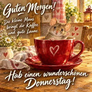 Maus sitzt in einer roten Kaffeetasse mit Herz, Text: Guten Morgen! Die kleine Maus bringt dir Kaffee und gute Laune. – Hab einen wunderschönen Donnerstag!