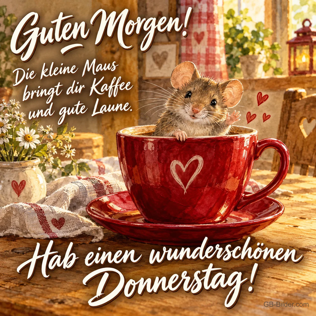 Maus sitzt in einer roten Kaffeetasse mit Herz, Text: Guten Morgen! Die kleine Maus bringt dir Kaffee und gute Laune. – Hab einen wunderschönen Donnerstag!