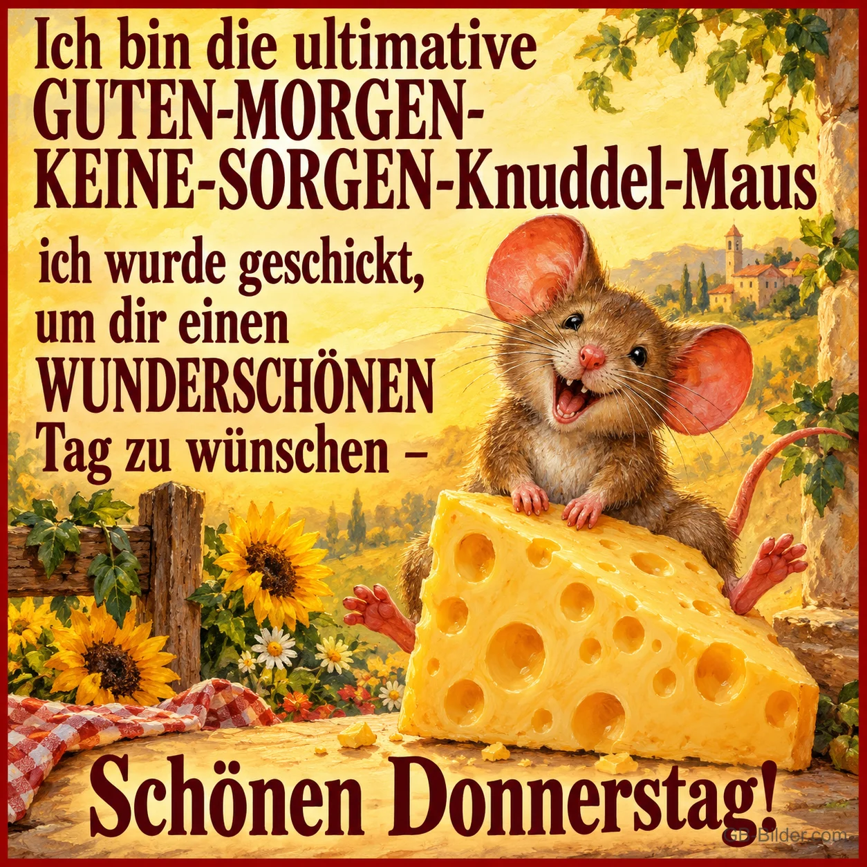 Lachende Maus sitzt auf einem großen Stück Käse, Text: Ich bin die ultimative GUTEN-MORGEN-KEINE-SORGEN-Knuddel-Maus ich wurde geschickt, um dir einen WUNDERSCHÖNEN Tag zu wünschen – Schönen Donnerstag!