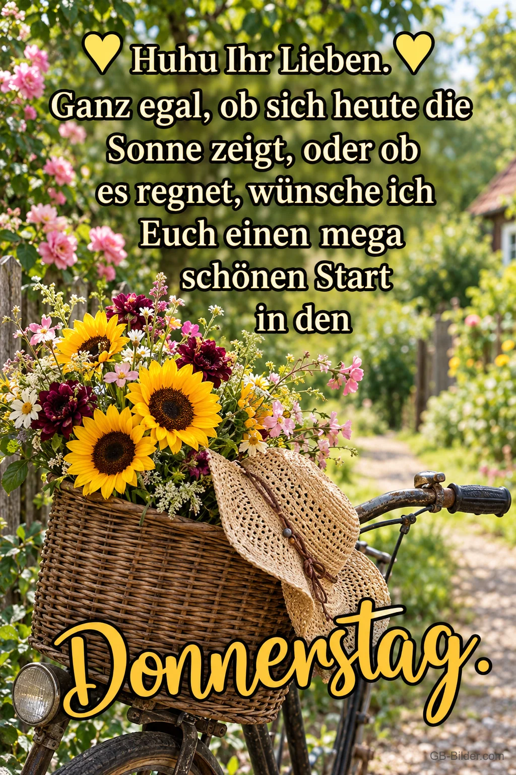Fahrrad mit Blumenkorb, Text: Huhu Ihr Lieben