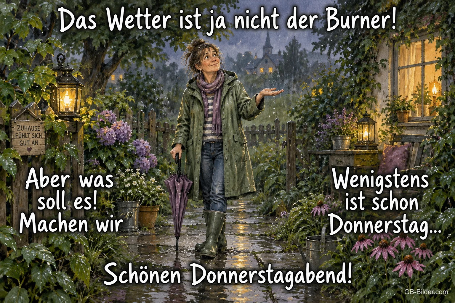 Frau mit Regenjacke und Gummistiefeln im regnerischen Garten, Text: Das Wetter ist ja nicht der Burner! Aber was soll es! Machen wir – Wenigstens ist schon Donnerstag… Schönen Donnerstagabend!