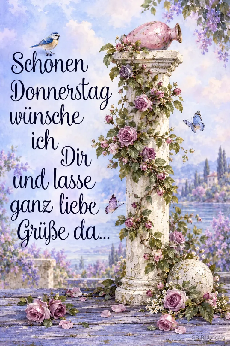 Säule mit Rosen, Text: Schönen Donnerstag wünsche ich Dir und lasse ganz liebe Grüße da