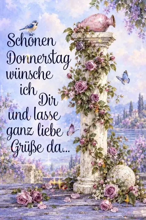 Säule mit Rosen, Text: Schönen Donnerstag wünsche ich Dir und lasse ganz liebe Grüße da