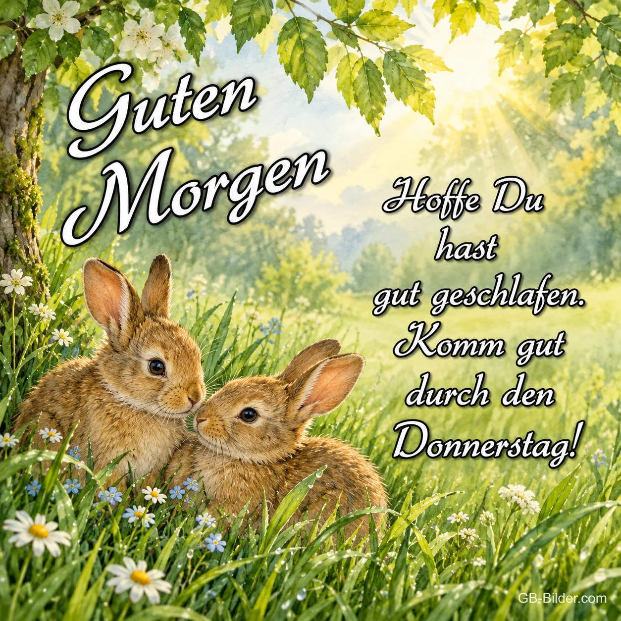 Zwei Hasen in der Wiese, Text: Guten Morgen Zwei Hasen in der Wiese, Text: Guten Morgen