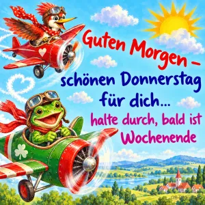 Vogel und Frosch fliegen in Propellerflugzeugen, Text: Guten Morgen – schönen Donnerstag für dich… halte durch, bald ist Wochenende