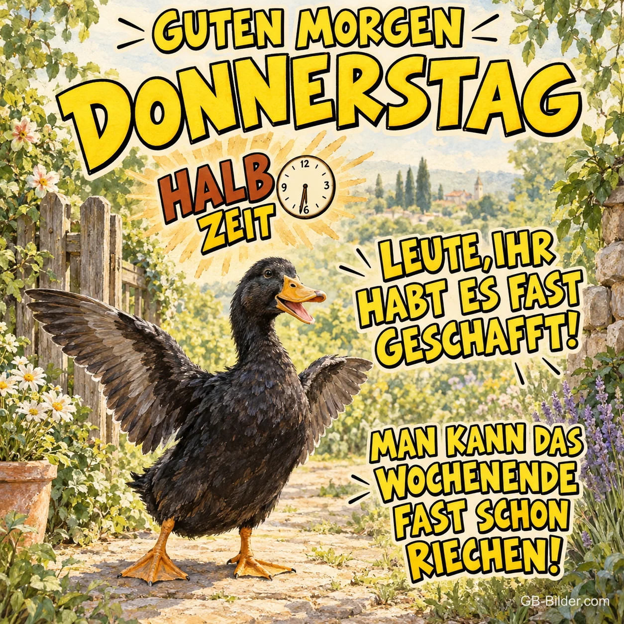 Ente breitet die Flügel aus, Text: GUTEN MORGEN DONNERSTAG Ente breitet die Flügel aus, Text: GUTEN MORGEN DONNERSTAG