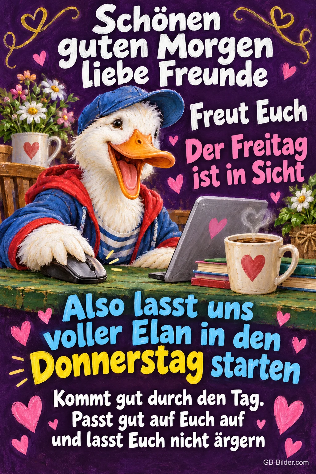 Ente mit Kappe lacht am Laptop neben einer Kaffeetasse, Text: Schönen guten Morgen liebe Freunde – Freut Euch – Der Freitag ist in Sicht – Also lasst uns voller Elan in den Donnerstag starten – Kommt gut durch den Tag. Passt gut auf Euch auf und lasst Euch nicht ärgern Ente mit Kappe lacht am Laptop neben einer Kaffeetasse, Text: Schönen guten Morgen liebe Freunde – Freut Euch – Der Freitag ist in Sicht – Also lasst uns voller Elan in den Donnerstag starten – Kommt gut durch den Tag. Passt gut auf Euch auf und lasst Euch nicht ärgern