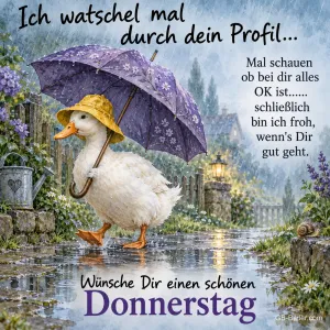 Ente mit Regenschirm, Text: Ich watschel mal durch dein Profil