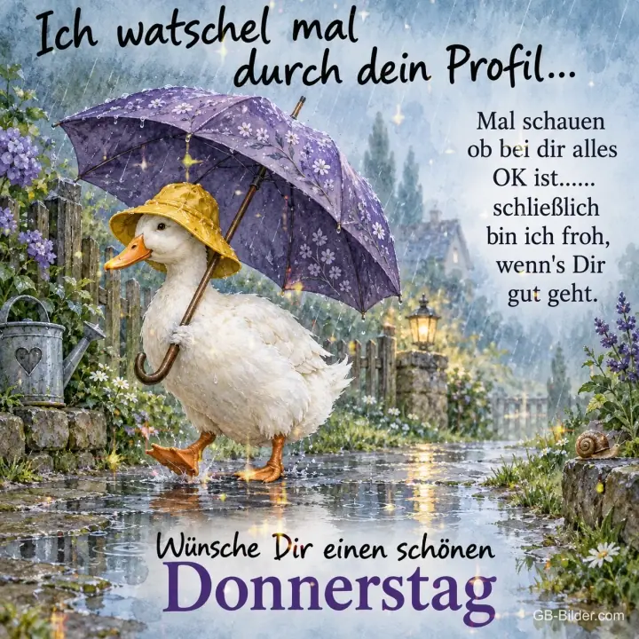 Ente mit Regenschirm, Text: Ich watschel mal durch dein Profil