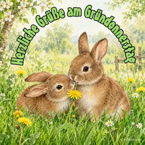 Zwei Hasen mit Löwenzahn, Text: Herzliche Grüße am Gründonnerstag