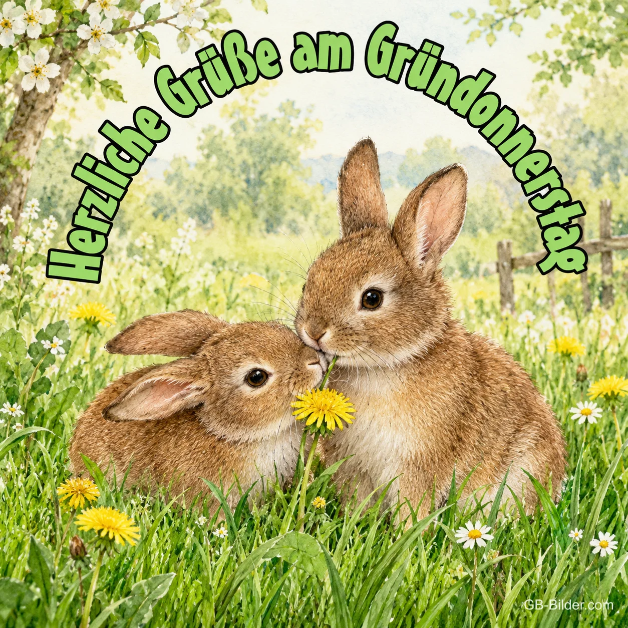 Zwei Hasen mit Löwenzahn, Text: Herzliche Grüße am Gründonnerstag