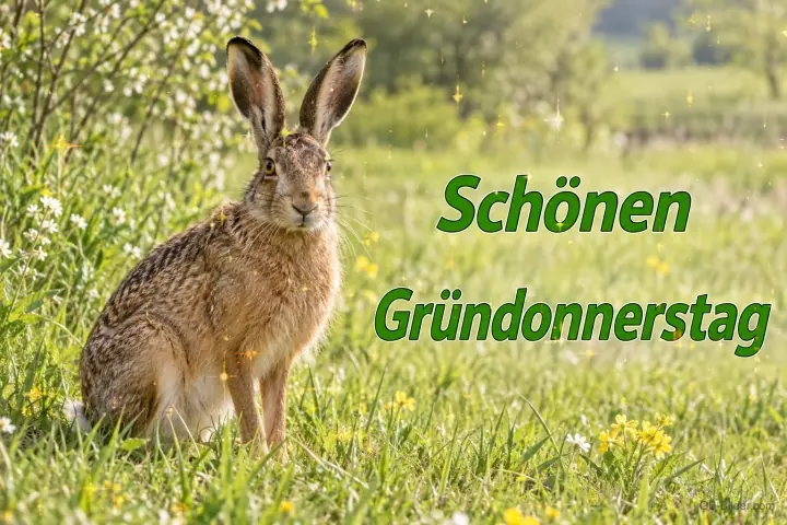 Feldhase auf einer Frühlingswiese, Text: Schönen Gründonnerstag Feldhase auf einer Frühlingswiese, Text: Schönen Gründonnerstag