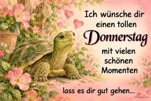 Schildkröte zwischen Rosen, Text: Ich wünsche dir einen tollen Donnerstag mit vielen schönen Momenten la