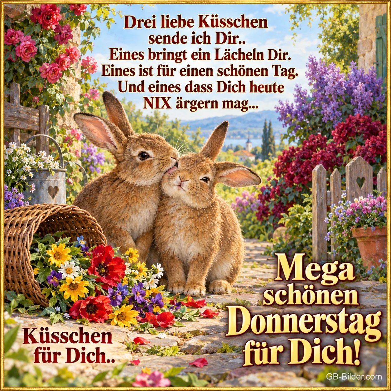 Zwei Hasen geben sich Nasenküsse im Blumengarten, Text: Drei liebe Küsschen sende ich Dir.. Eines bringt ein Lächeln Dir. Eines ist für einen schönen Tag. Und eines dass Dich heute NIX ärgern mag... – Küsschen für Dich.. Mega schönen Donnerstag für Dich!