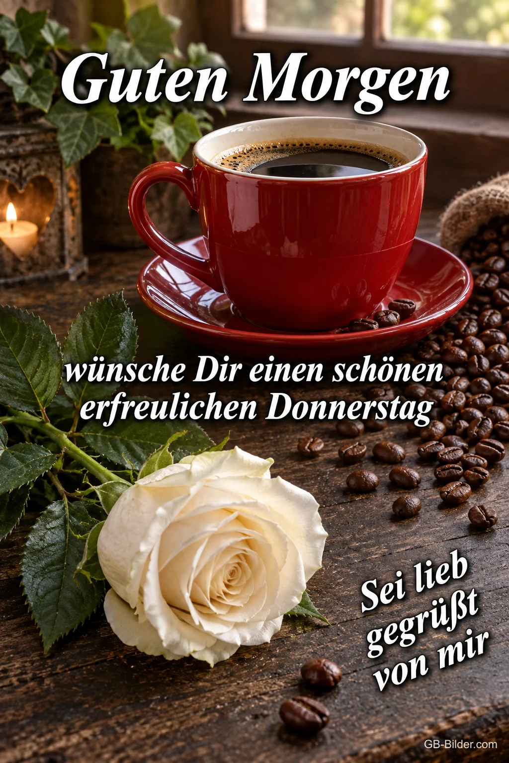 Rote Kaffeetasse mit weißer Rose, Text: Guten Morgen Rote Kaffeetasse mit weißer Rose, Text: Guten Morgen